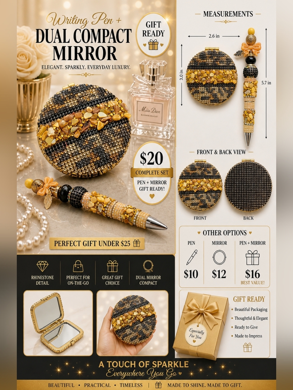 Jeweled Pen + Dual Mirror Compact Sparkly Rhinestone Gift Set Elegant Bling